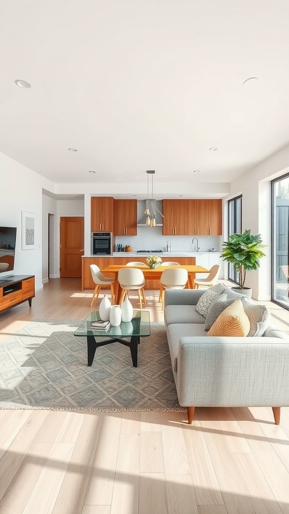 A bright and airy open concept living room with a kitchen and dining area, featuring modern furniture and large windows.