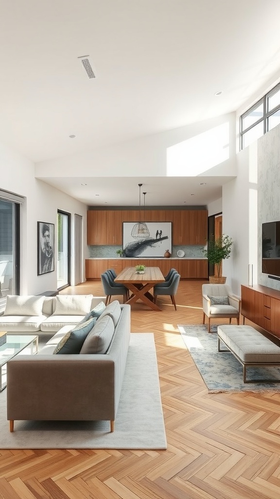 A spacious open concept living room with a modern design, featuring a comfortable sofa, a wooden dining table, and large windows.