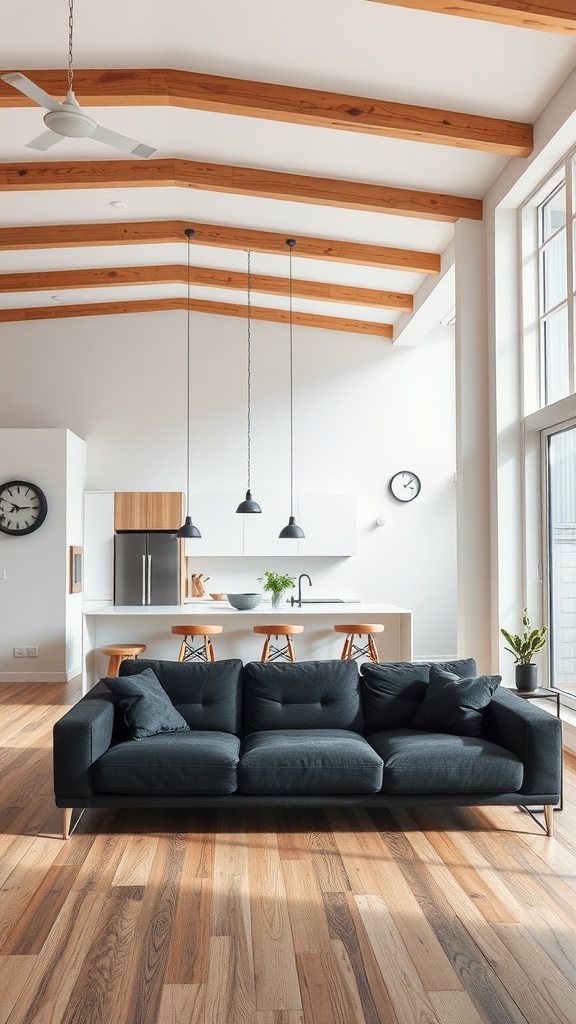 A stylish open concept living room featuring a black couch, wooden beams, and a modern kitchen.