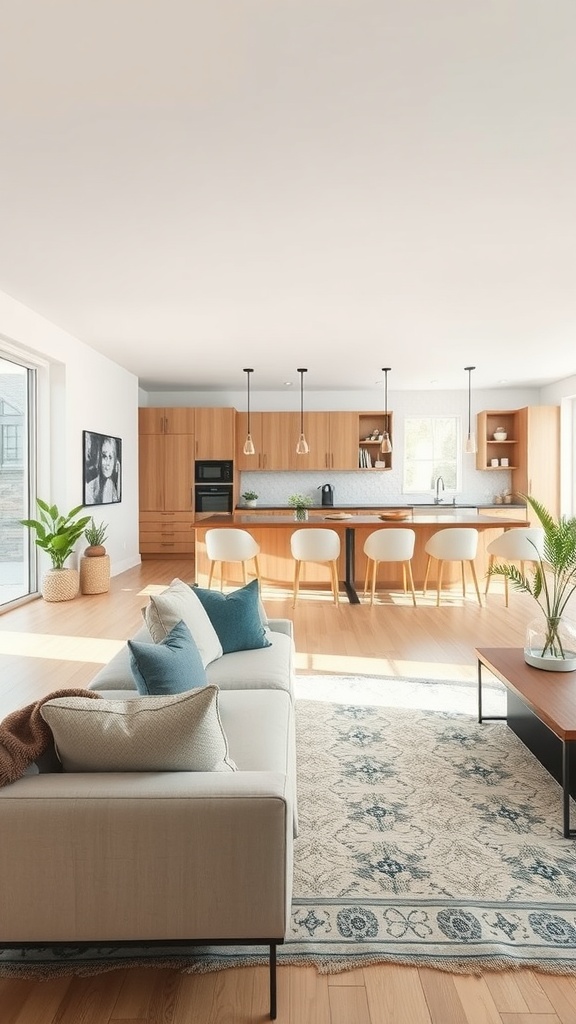 A bright open concept living room and kitchen area with modern decor, featuring a light couch, blue cushions, and a dining area.