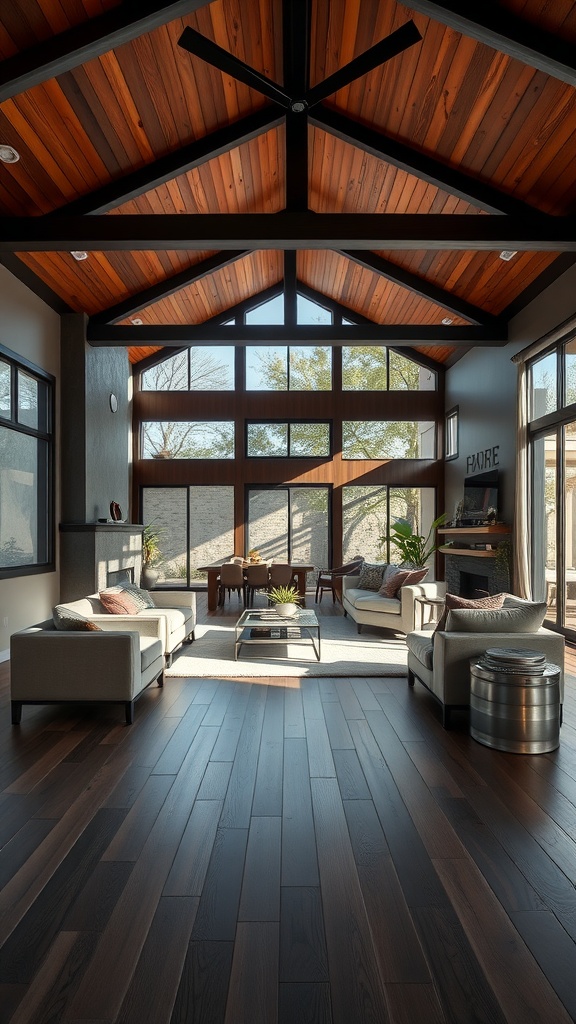 Open concept living room with dark wood floor, large windows, and cozy seating area.