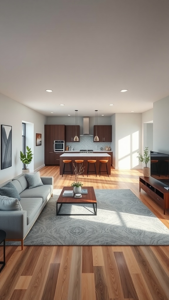 An open concept living room with integrated kitchen, featuring a cozy sofa, wooden flooring, and modern decor.