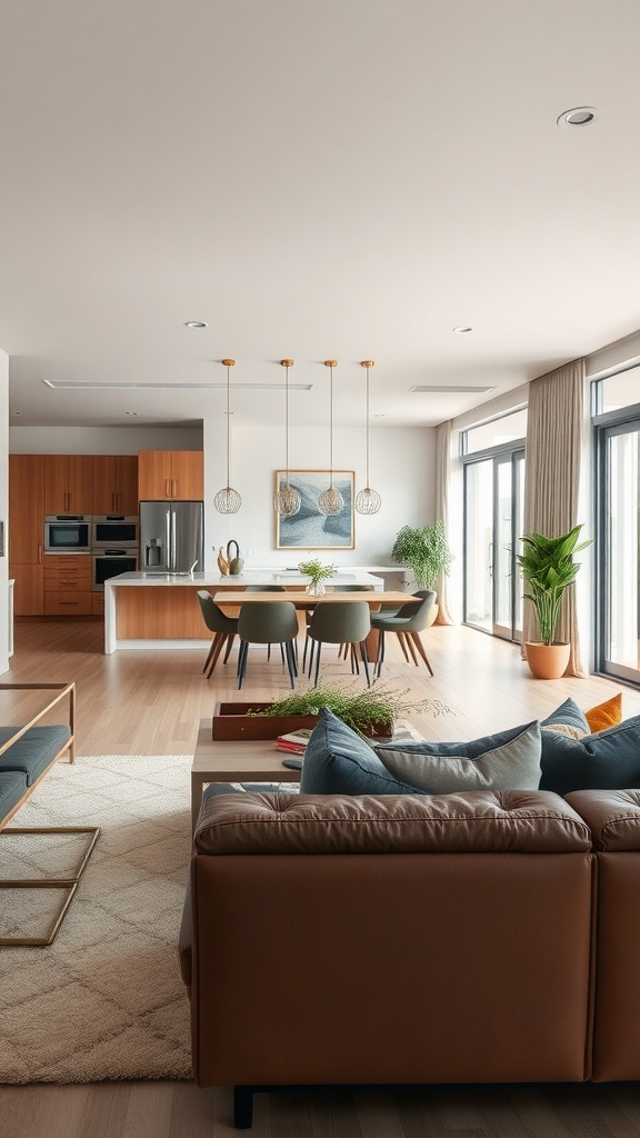 Open concept living room featuring a leather sofa, dining area, and kitchen with natural light