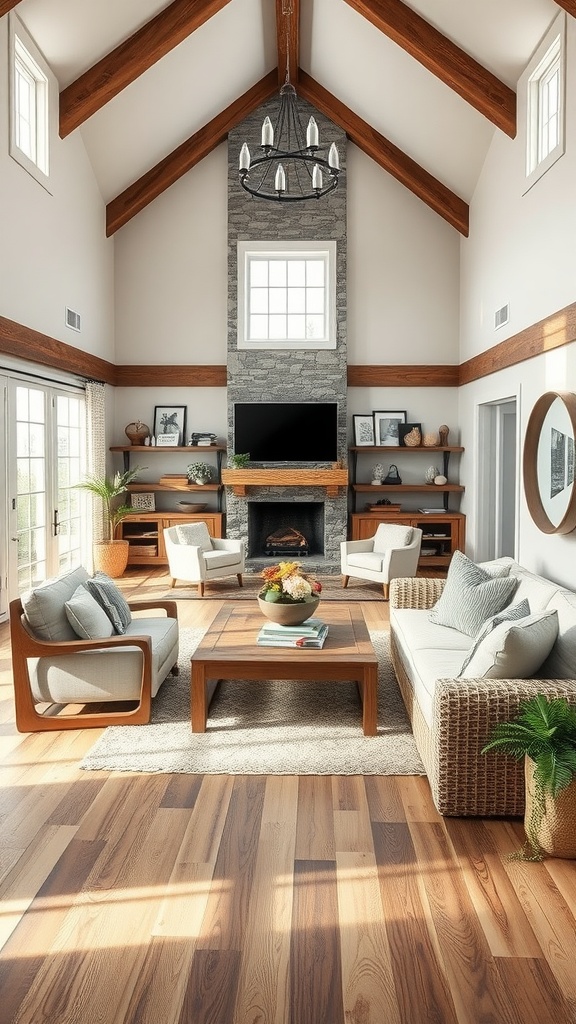 A cozy open concept living room with high ceilings and natural light.