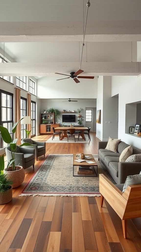 Open concept living room with large windows, plants, and industrial decor