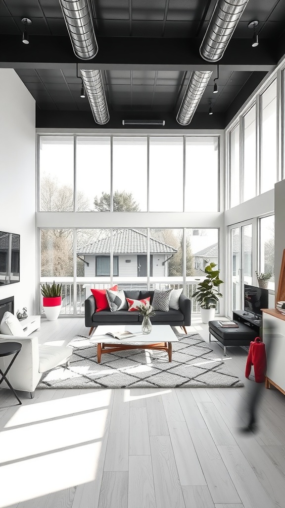 Modern open concept living room with black, red, and white decor, large windows, and stylish furniture.