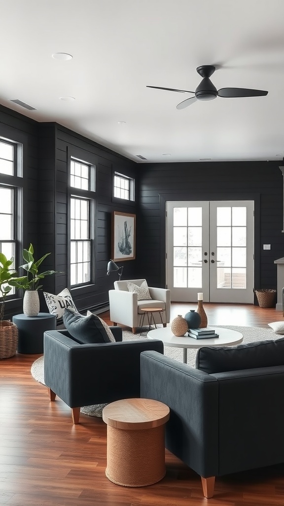 A stylish open concept living room featuring black shiplap walls, cozy seating arrangements, and large windows that allow natural light.