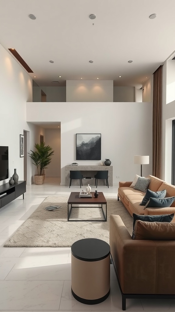 Open concept living room featuring beige and black furniture with a spacious layout.