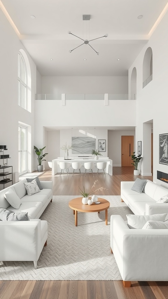 Open concept living room featuring white furniture, a circular wooden coffee table, and large windows.