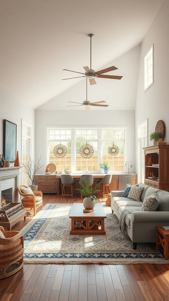 A cozy open concept sunken living area with large windows, comfortable furniture, and rustic decor.