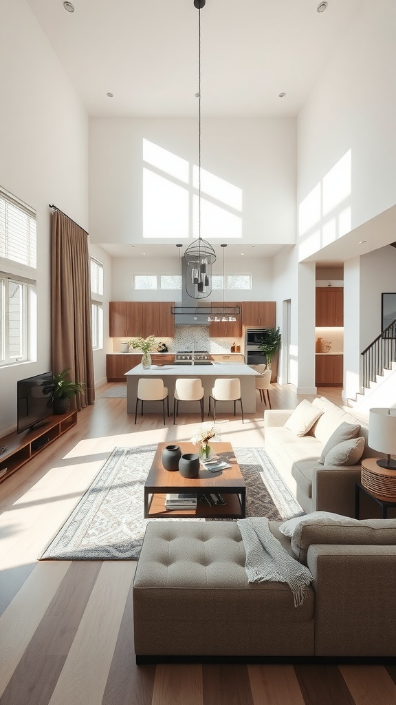 An open concept sunken living room connected to a kitchen, featuring large windows and modern furnishings.