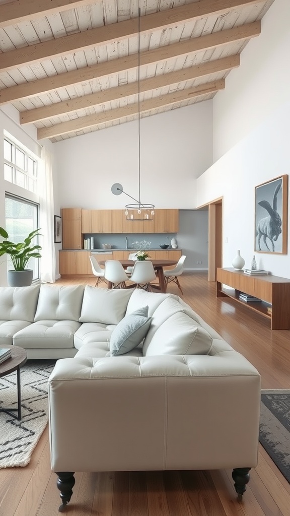 A spacious living room featuring a white leather sectional sofa, wooden beams on the ceiling, and a modern dining area in the background.