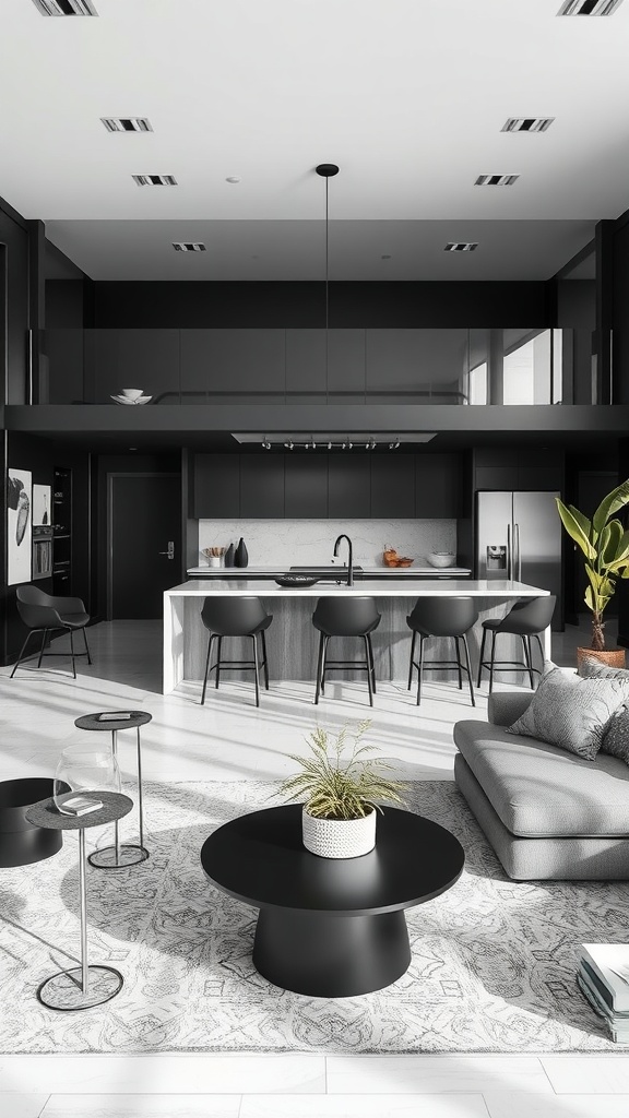 Open concept living room and kitchen in black and grey tones