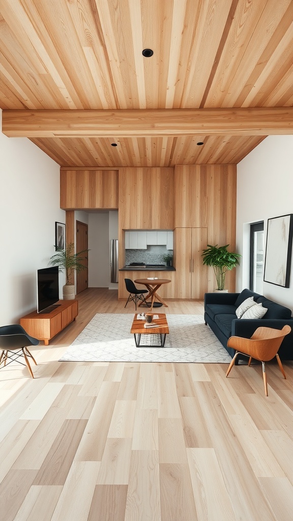 A modern living room featuring an open concept design with black furniture and warm wood accents.