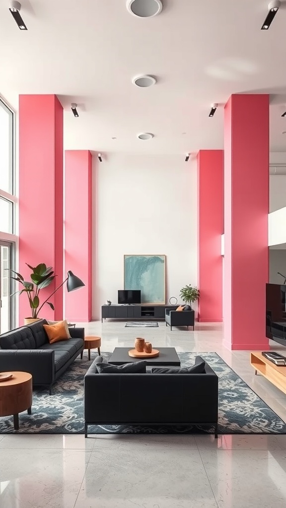 Open concept living room featuring pink pillars, black furniture, and a cozy atmosphere.