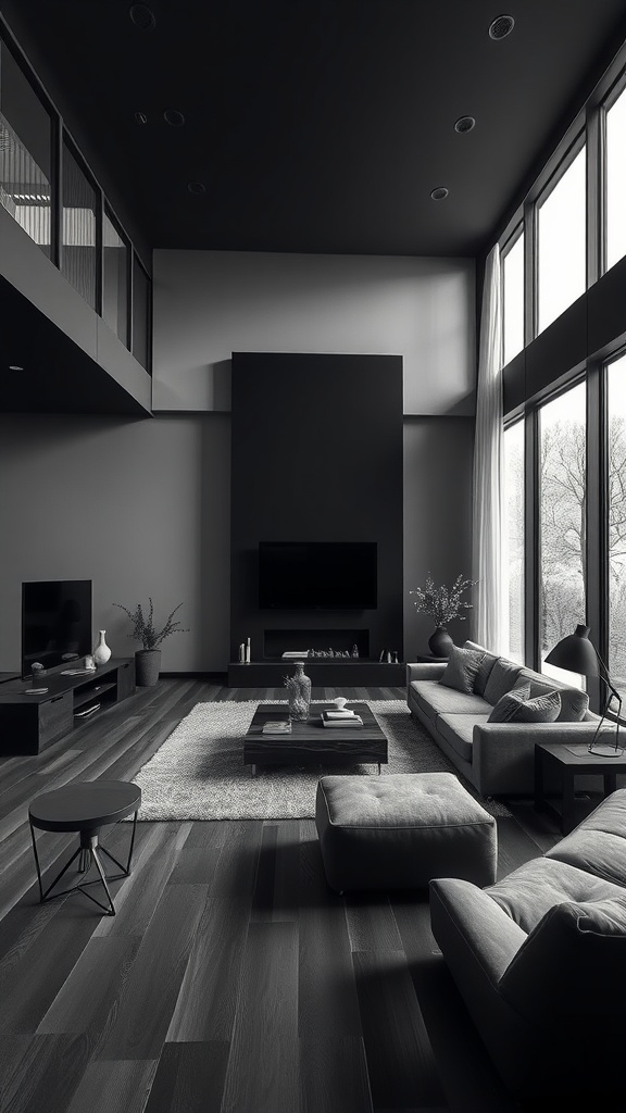 A modern open concept living room with dark tones, large windows, and a sunken layout.