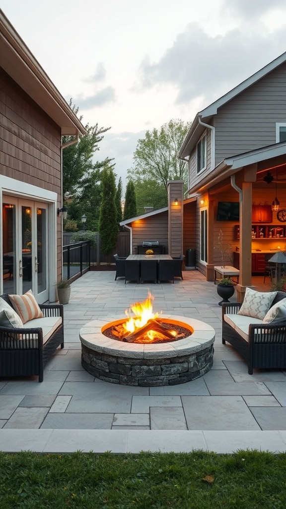 Outdoor fire pit surrounded by chairs and a cozy patio