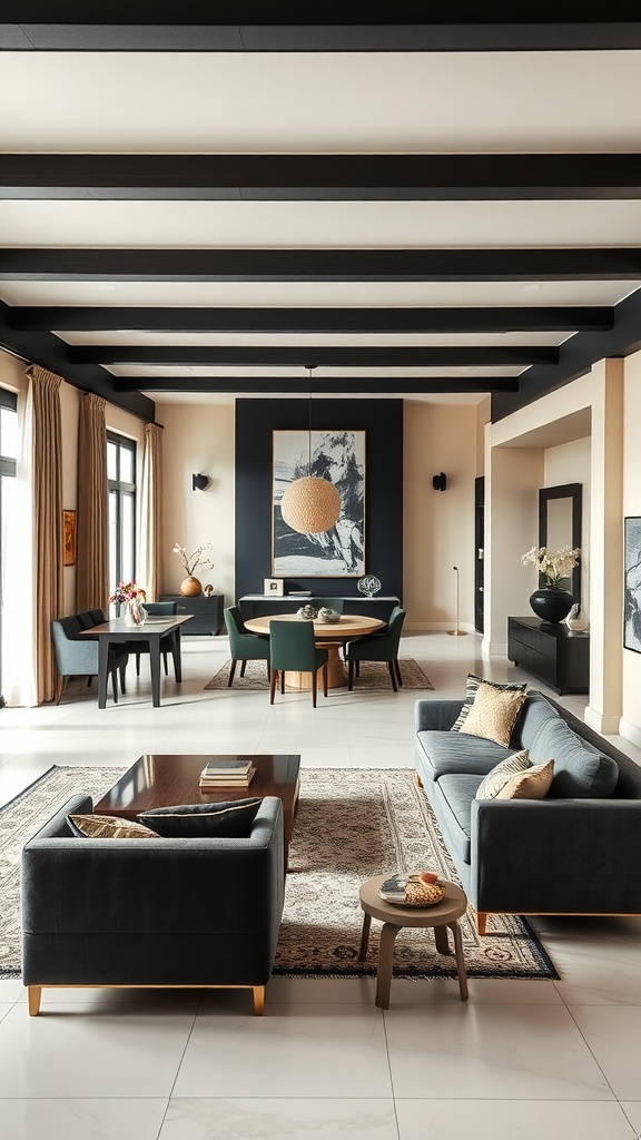 Spacious open floor plan living room with black and cream decor