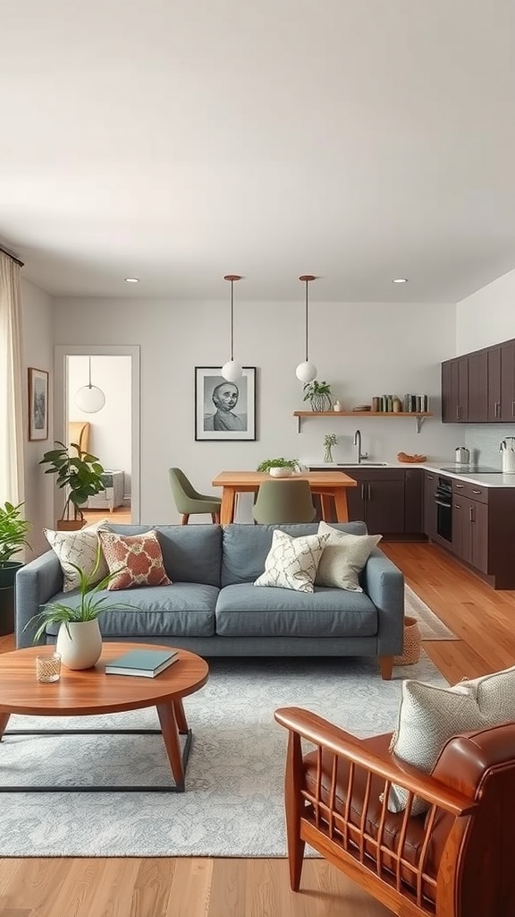 A cozy open floor plan living room featuring a blue sofa, coffee table, and a dining area with green chairs.