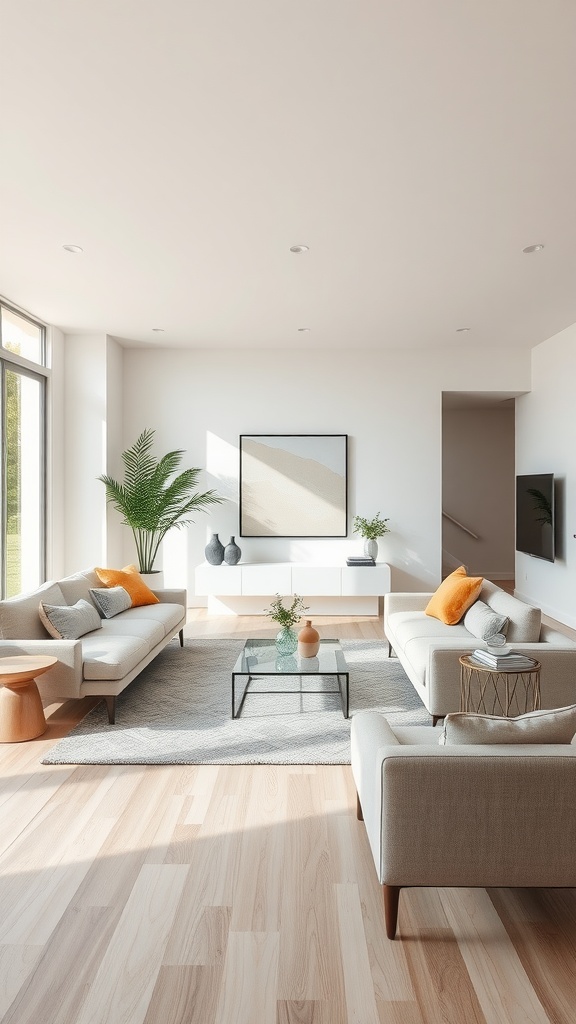 A bright and neutral open floor plan living room featuring cozy sofas, a glass coffee table, and plants.