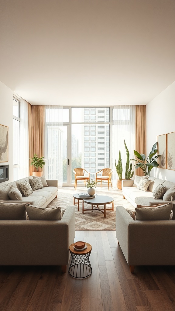 Bright beige living room with large windows, potted plants, and comfortable sofas.