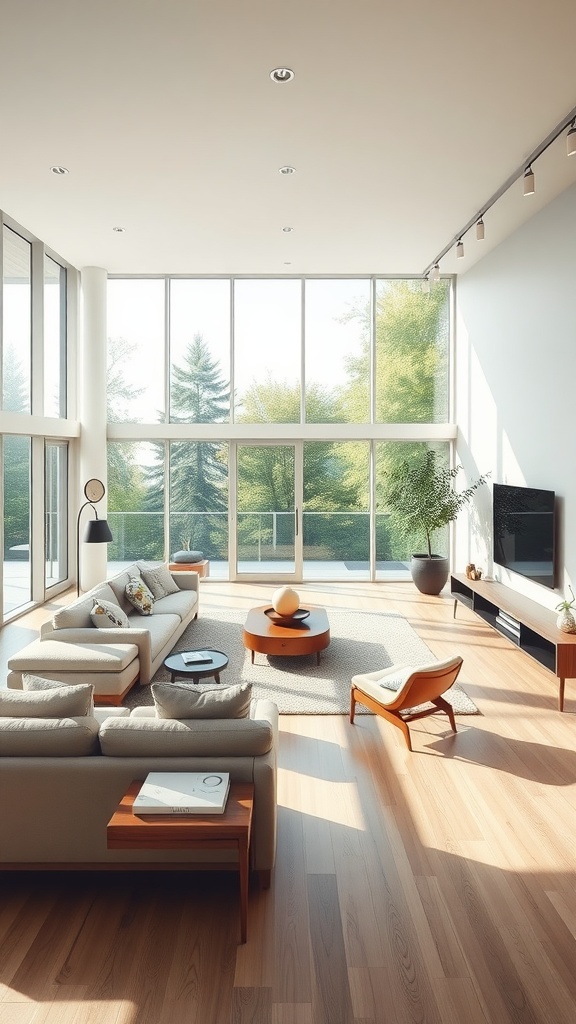 A bright and spacious midcentury modern living room with large windows, minimalist furniture, and a cozy arrangement.