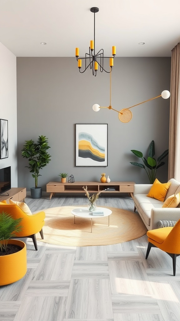 Living room featuring grey walls and yellow accents with an open layout