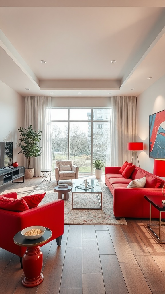 Bright living room featuring red and white highlights with an open layout