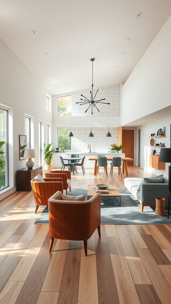 Open plan living space featuring a cozy seating area and a modern kitchen