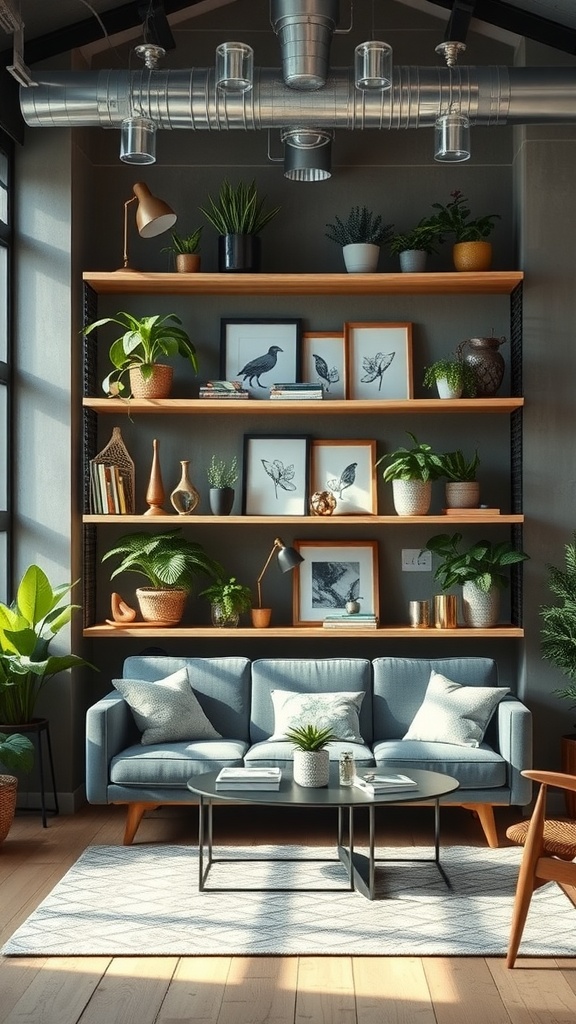 A boho industrial living room featuring open shelving with plants, books, and artwork displayed on wooden shelves.