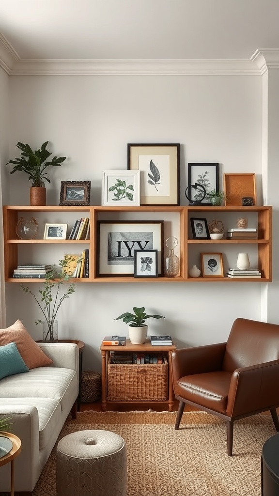 A cozy living room featuring open shelving with framed artwork and decorative plants.