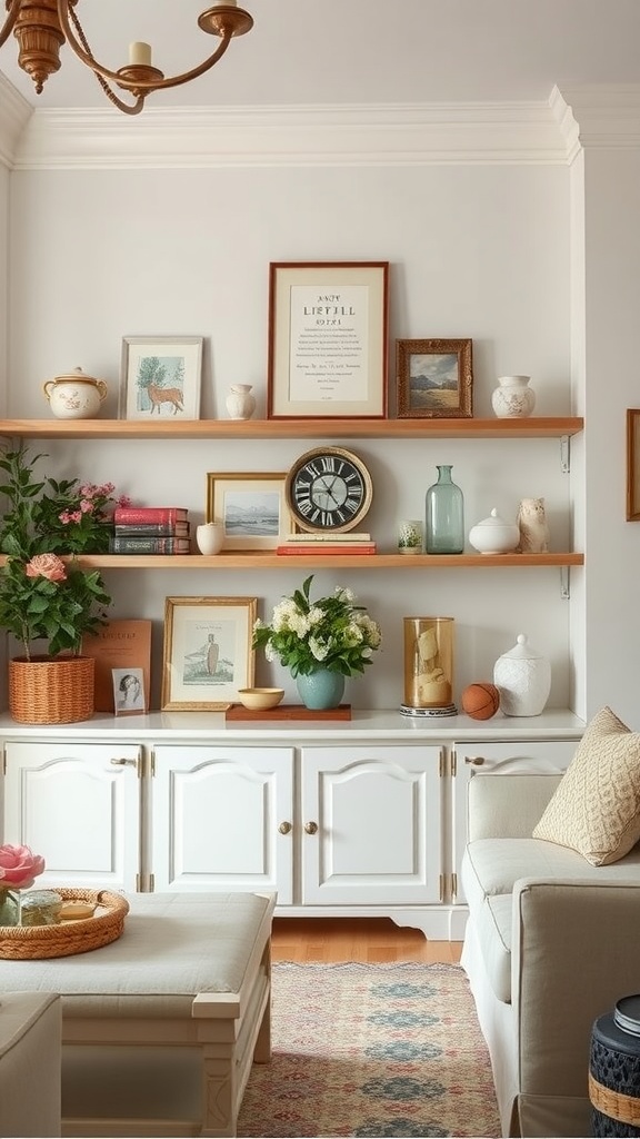 A cozy French country living room with open shelving displaying decorative items and plants.