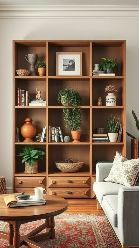 A wooden open shelving unit filled with books, plants, and decorative items in a cozy living room setting.