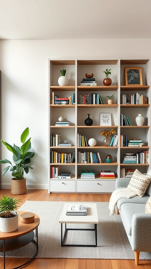 A living room with open shelving showcasing books, plants, and decorative items.