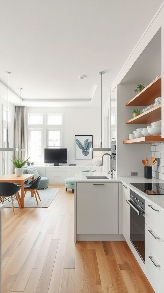 A modern kitchen and living room with open shelving, light wood flooring, and a cozy dining area.