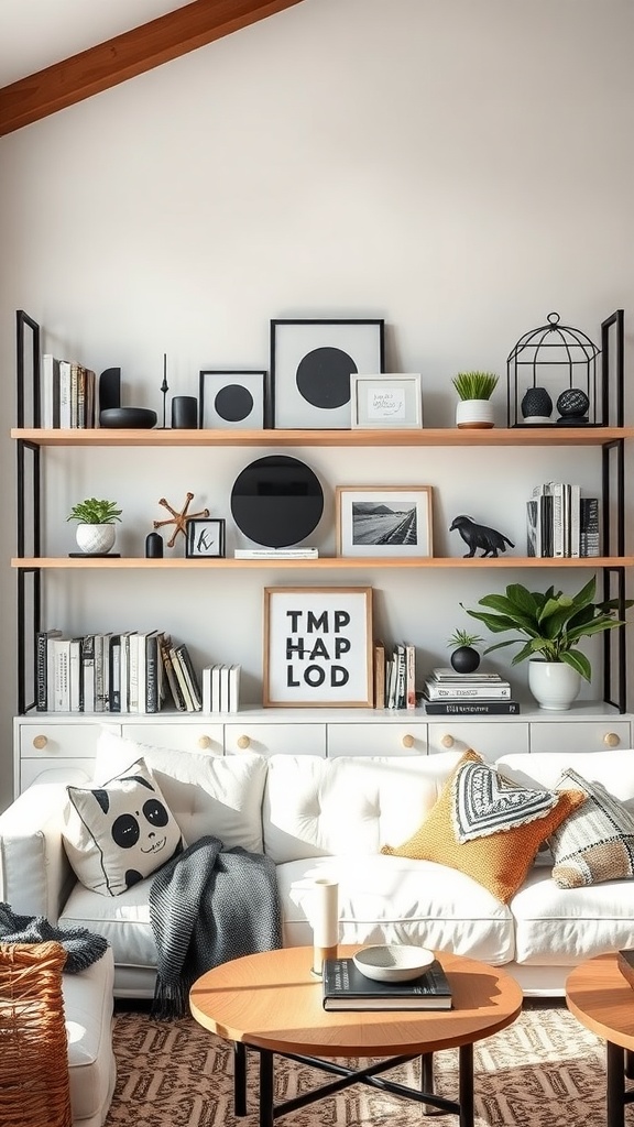 Open shelving in a boho living room with curated black and white decor and plants.