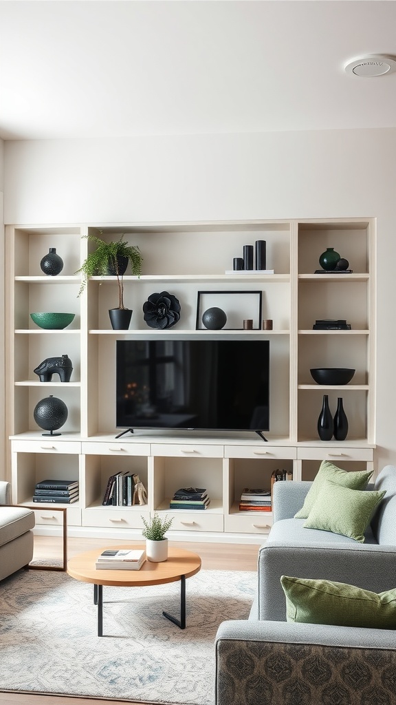 Living room with open shelving featuring green decorative accents