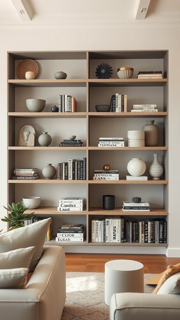 Open shelving unit with grey decorative items and books in a stylish living room.