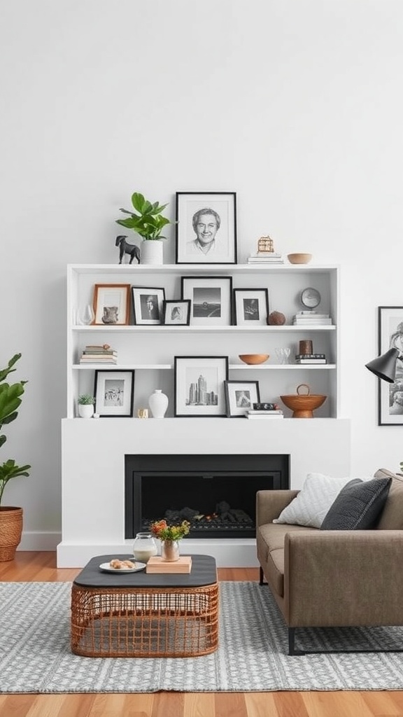 A minimalist living room featuring open shelving with personal touches, including framed photos, decorative items, and a cozy seating area.