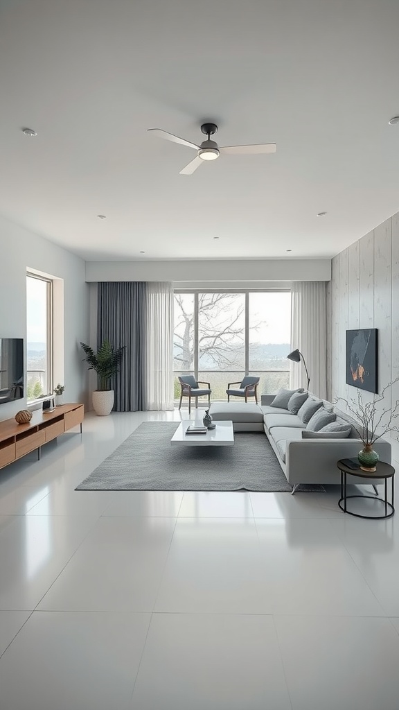 A spacious and minimalist living room with large windows, a light rug, and simple furniture.