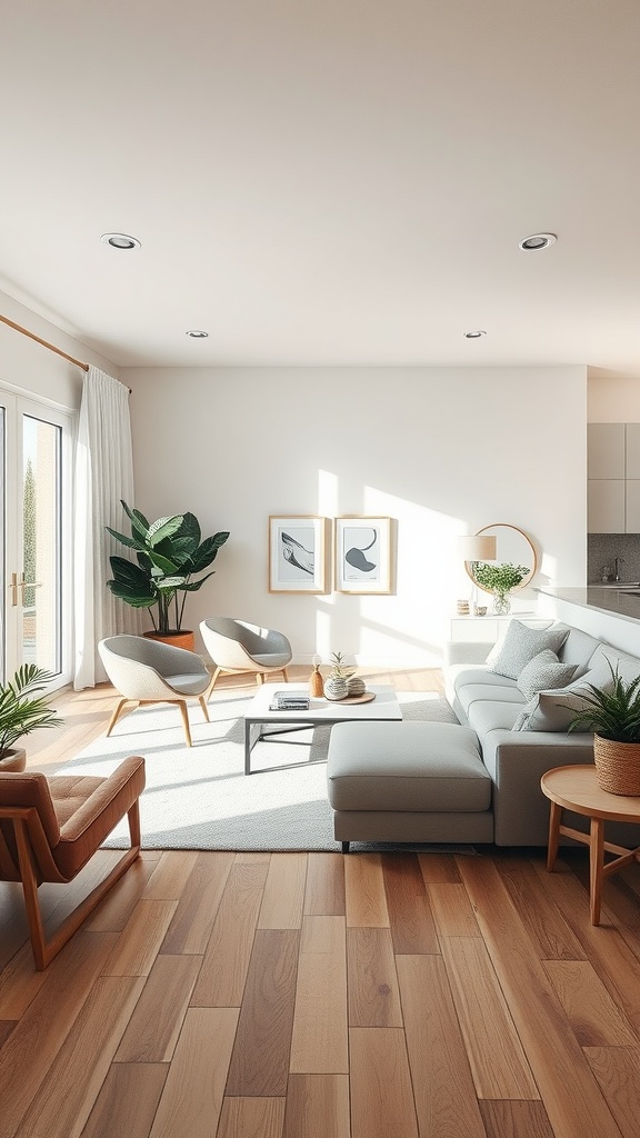 Bright and airy modern living room with open layout, featuring a sectional sofa, chairs, and natural light.