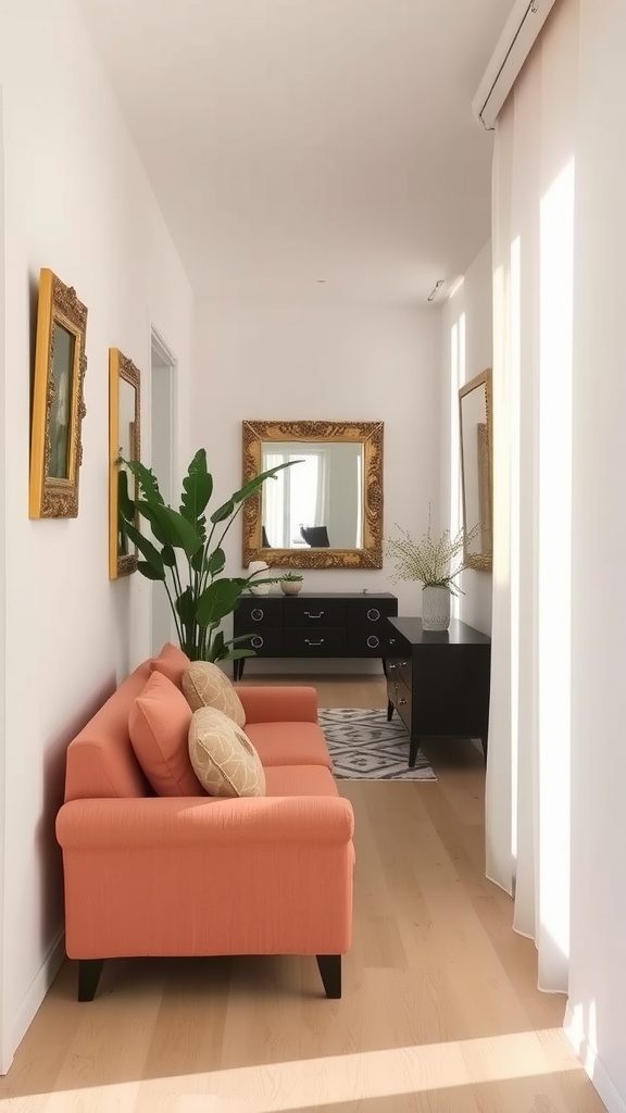 A narrow living room featuring a coral sofa, decorative mirrors on the wall, and a plant.