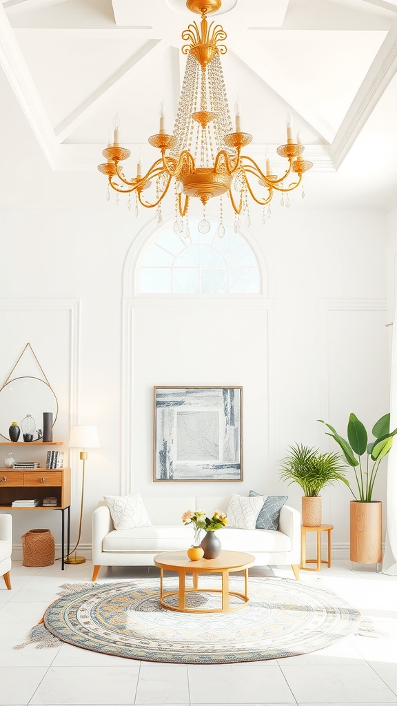 A gold chandelier hanging in a bright living room with white walls and stylish furniture.