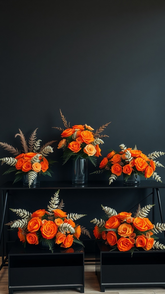 Bright orange floral arrangements in black vases on a black surface