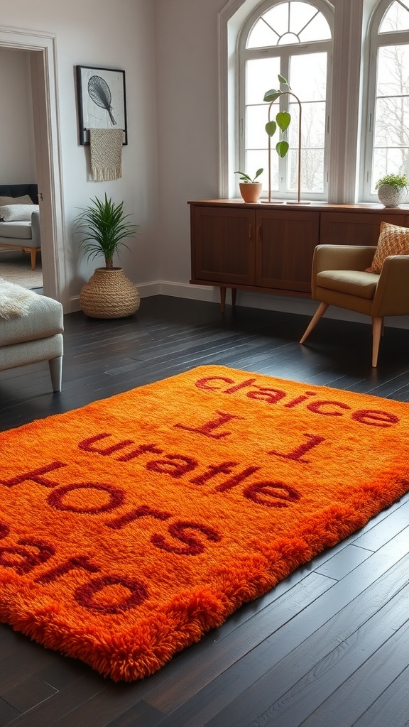 A bright orange shag rug with playful text on a dark wooden floor in a modern living room.