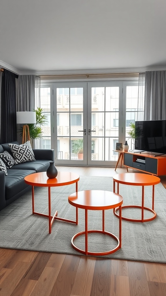 Living room featuring orange side tables, a black sofa, and large windows