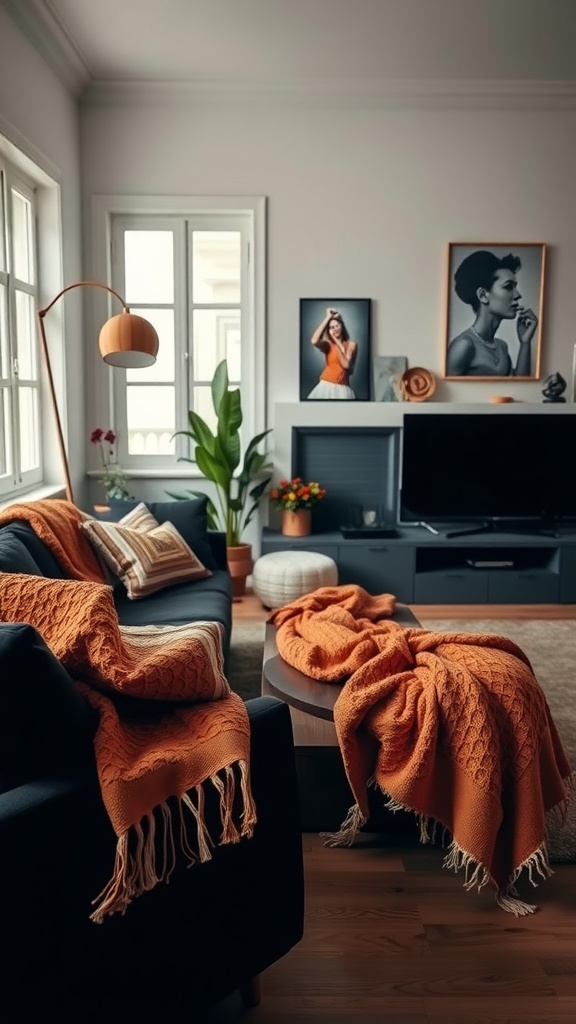 A cozy living room featuring orange throws draped over a sofa, complemented by plants and artwork.