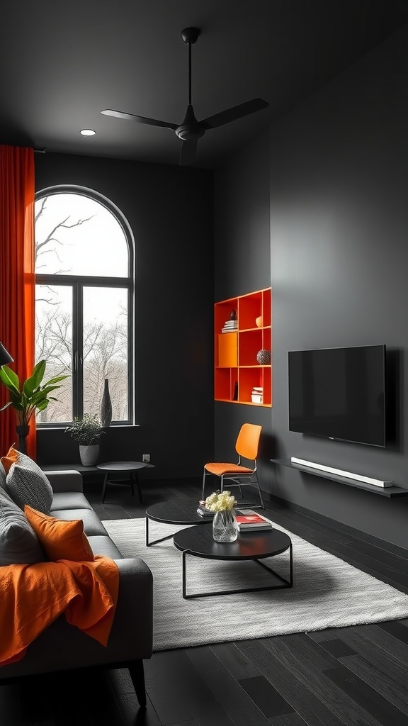 A modern living room with black walls and orange accents, featuring a black sofa, orange curtains, and orange shelving.