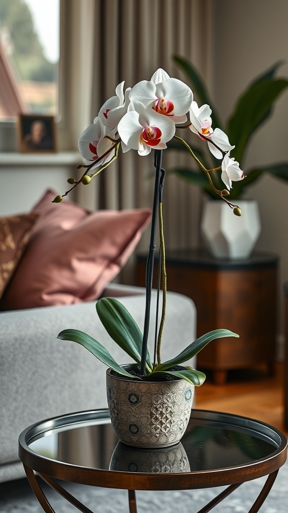 An elegant white orchid in a decorative pot on a stylish coffee table.