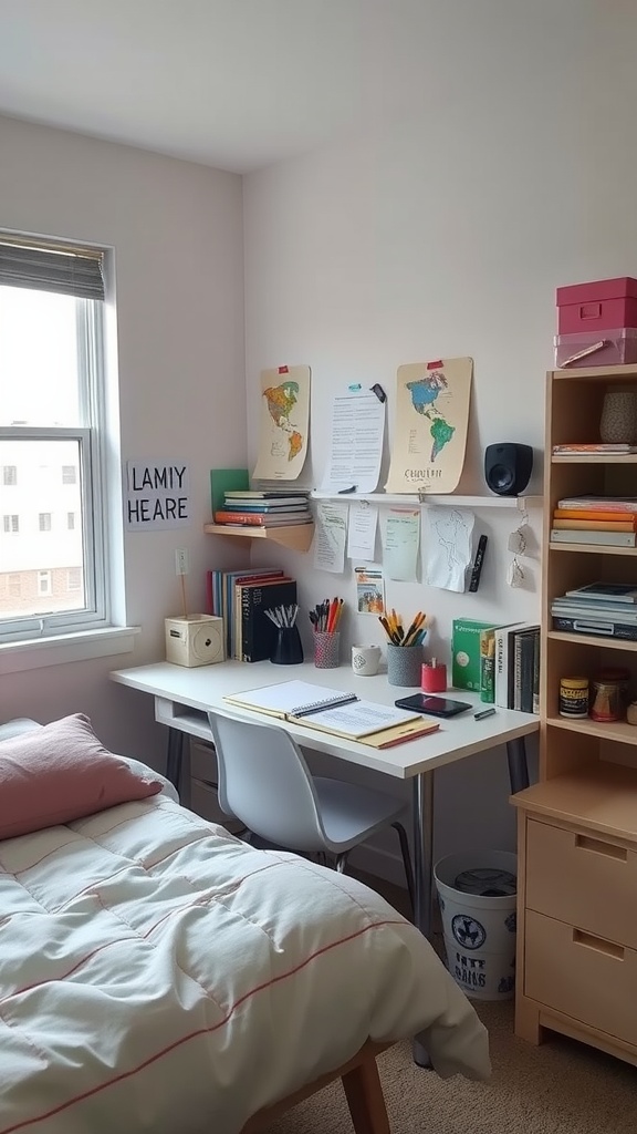 Organized craft and study station in a small shared bedroom, featuring a desk with supplies, maps on the wall, and a cozy bed.